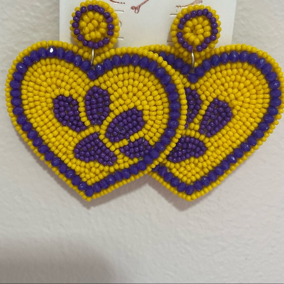 Jewelry - 💜RESTOCK!💛 Beaded Paw Print Heart Earrings LSU Tigers